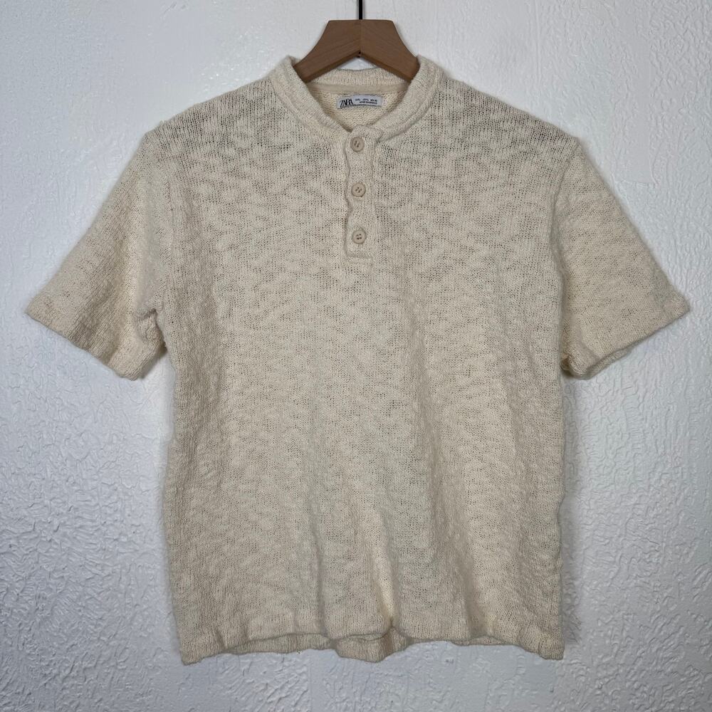 Zara Cotton Knit Henley Short Sleeve Sweater Top Cream Size Large